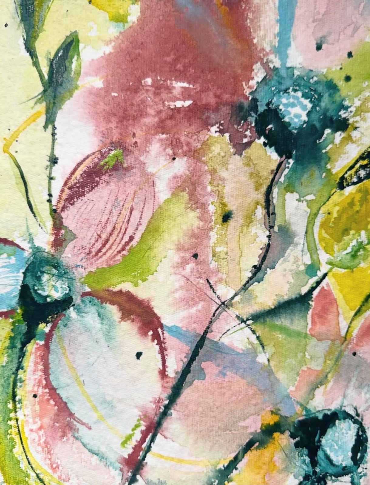 Garden Reverie — loose abstract florals in rose, teal and citron watercolor